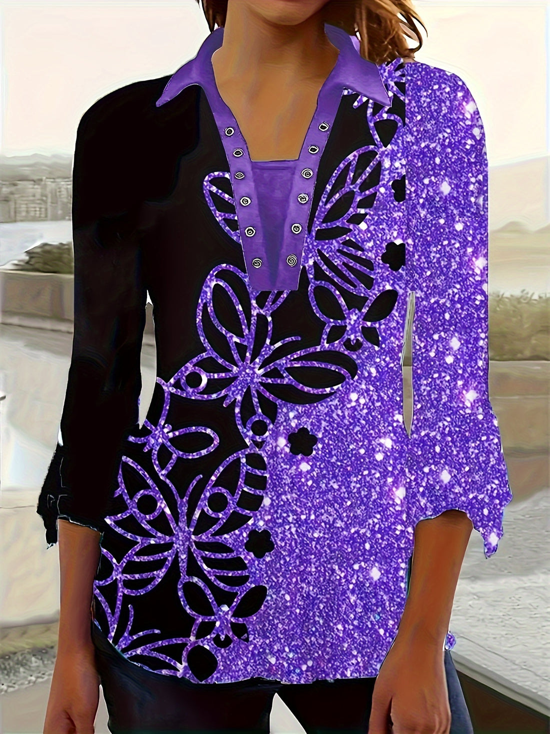 Spring autumn printed lapel three-quarter sleeve t-shirt front

