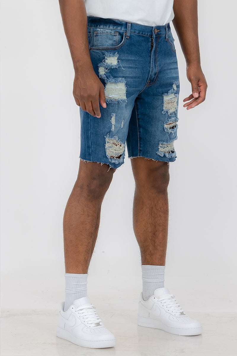 Men’s Distressed Denim Shorts – Above the Knee, Button Closure, Classic Fit


