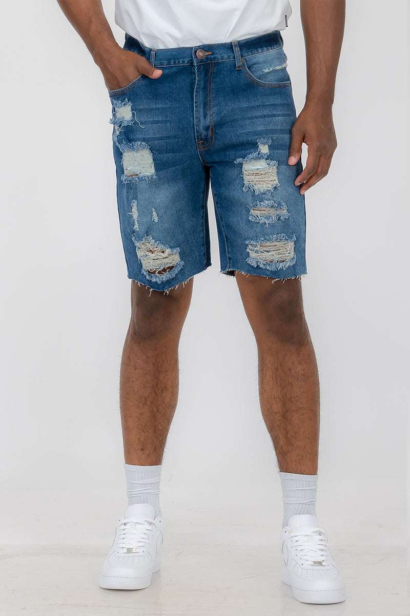 Men’s Distressed Denim Shorts – Above the Knee, Button Closure, Classic Fit


