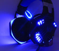 Black gaming headset with blue LED lights