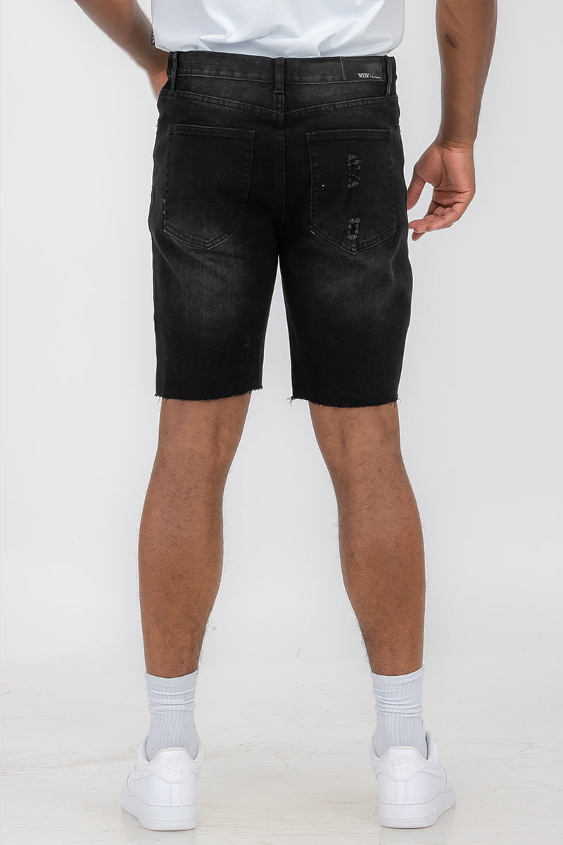 Men’s Distressed Denim Shorts – Above the Knee, Button Closure, Casual Fit

