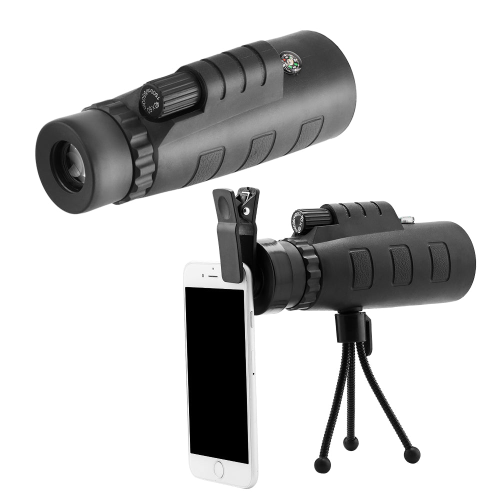 Black monocular with smartphone adapter on a white background