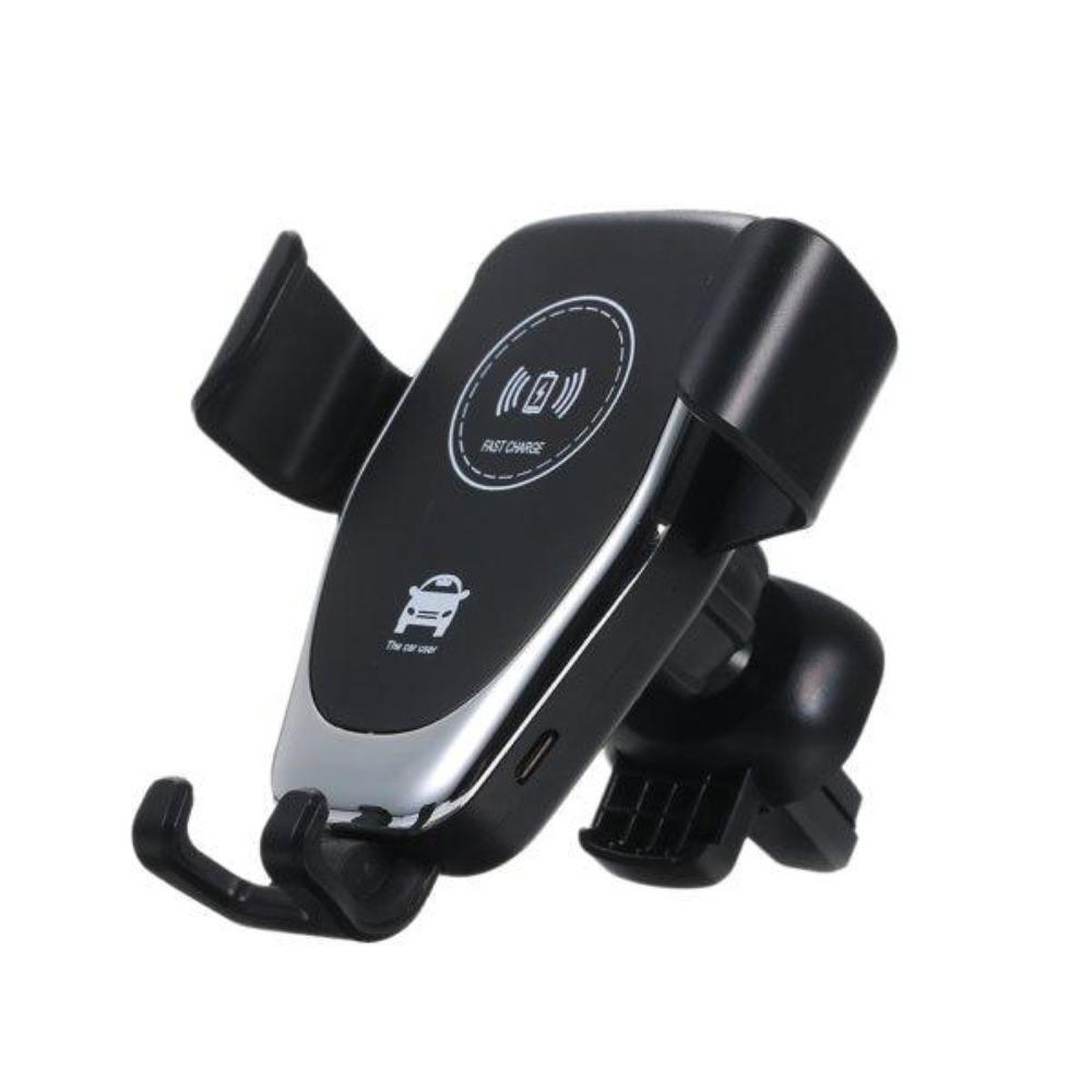 Black car phone holder with wireless charging icon
