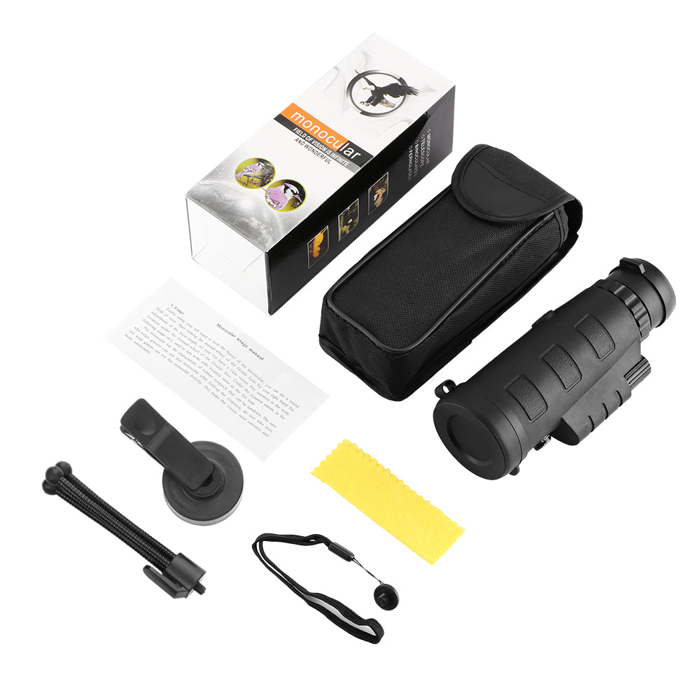 Monocular with accessories and packaging on a white background