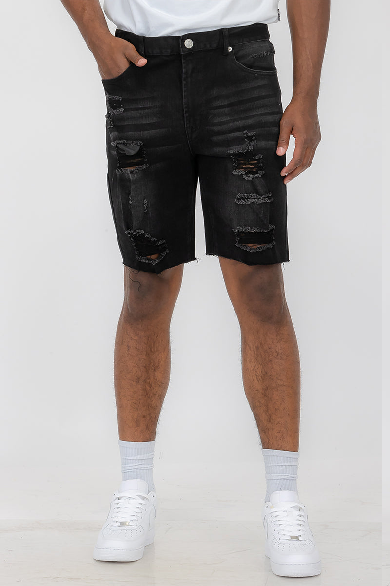 Men’s Distressed Denim Shorts – Above the Knee, Button Closure, Casual Fit

