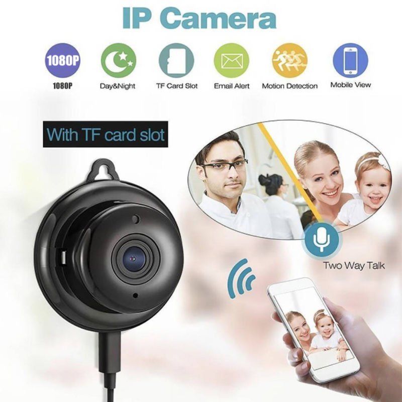 IP camera with features like 1080P resolution, TF card slot, email alert, motion detection, mobile view, two-way talk, and a family using the camera.