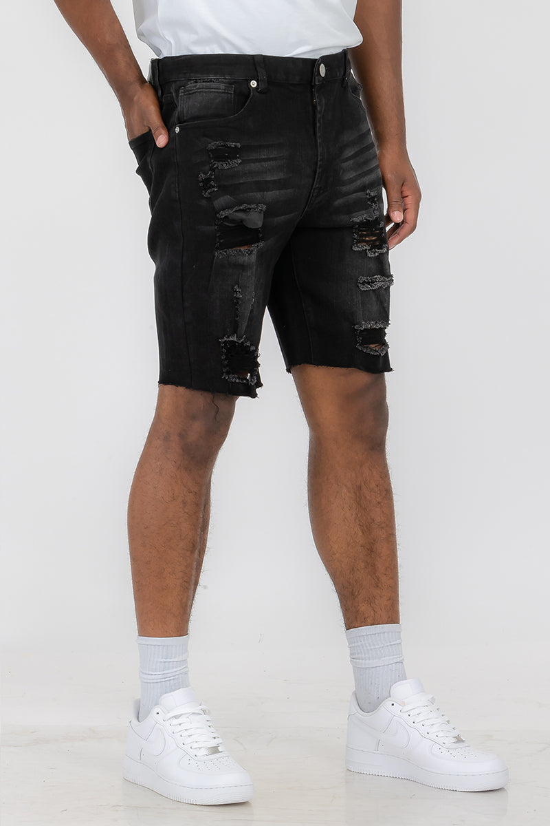 Men’s Distressed Denim Shorts – Above the Knee, Button Closure, Casual Fit

