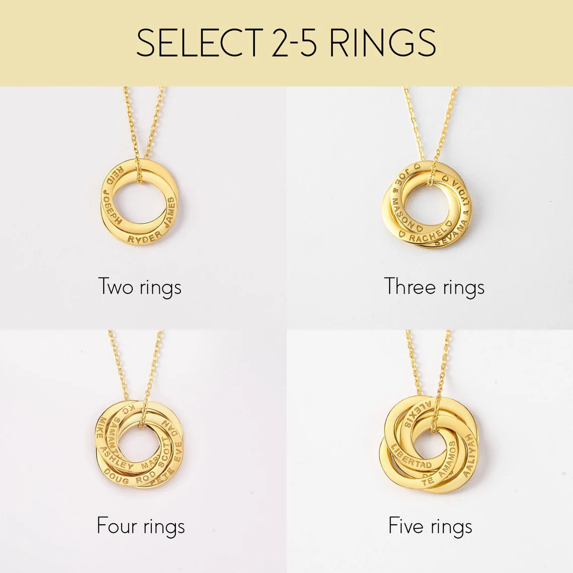 Gold necklaces with different numbers of interlocking rings on a white background