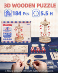 Elegant wooden Parachute Tower puzzle — illuminating base and moving parachutes