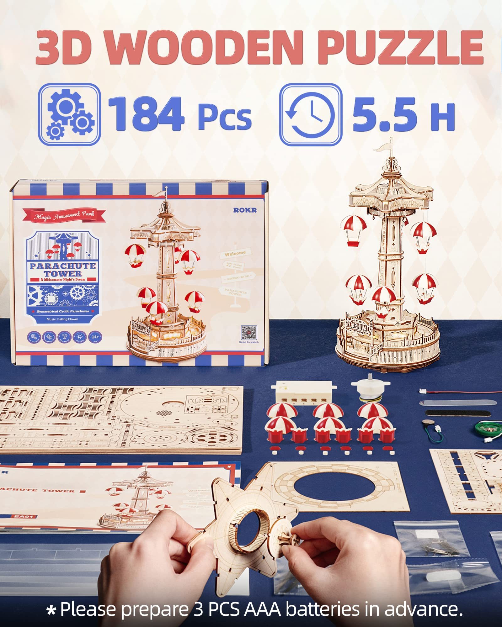 Elegant wooden Parachute Tower puzzle — illuminating base and moving parachutes