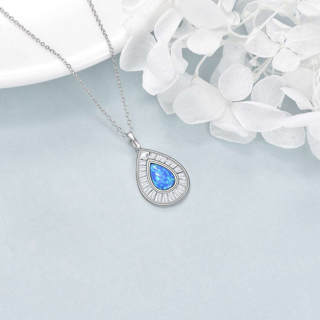 Sterling Silver Blue Opal & Austrian Crystal Teardrop Necklace – 18″ Chain