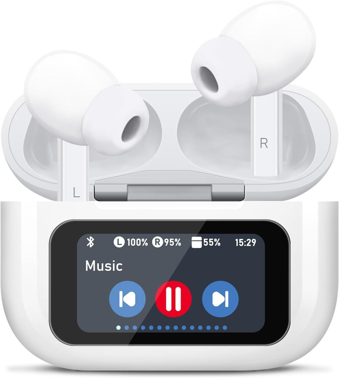 White wireless earbuds in a charging case with a display showing music controls and battery status.