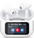 White wireless earbuds in a charging case with a display showing music controls and battery status.