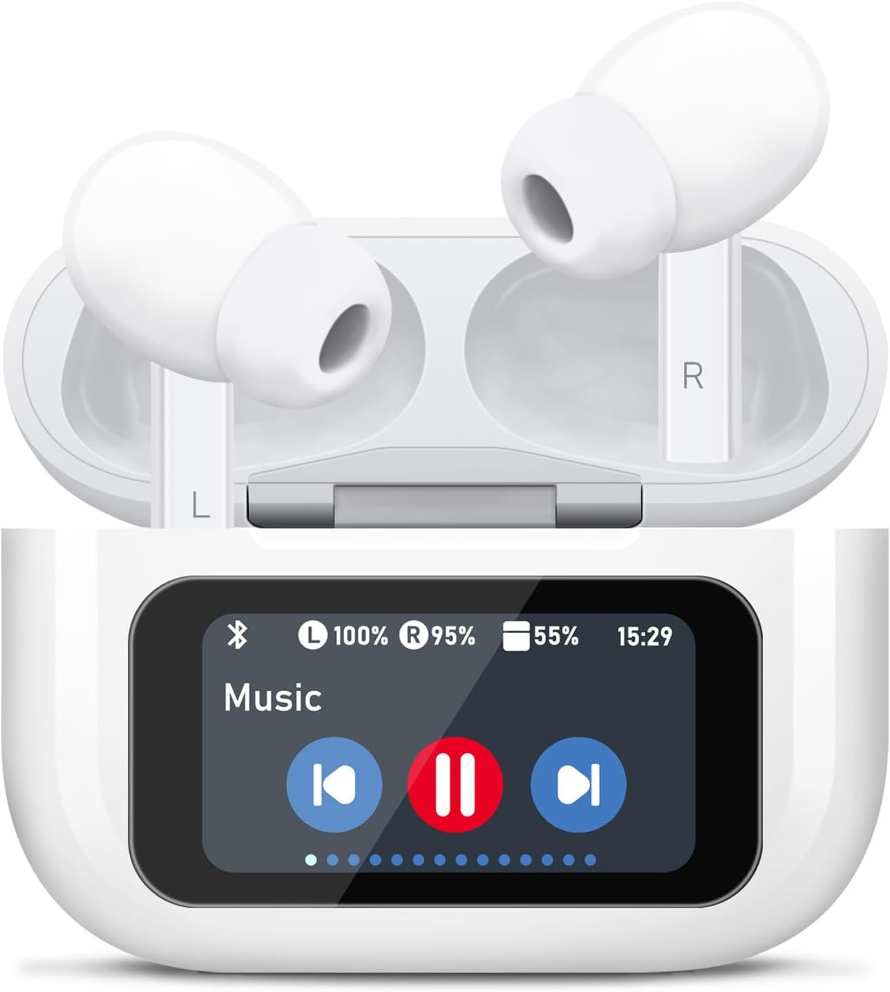 White wireless earbuds in a charging case with a display showing music controls and battery status.