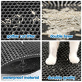 Collage of a cat litter mat with text highlighting features like 'gather cat litter', 'double layer', 'waterproof material', and 'durable quality'.