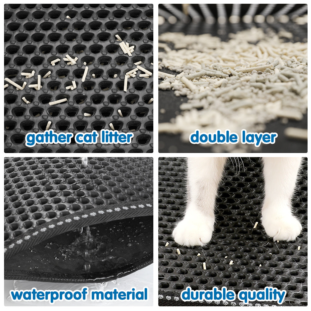 Collage of a cat litter mat with text highlighting features like 'gather cat litter', 'double layer', 'waterproof material', and 'durable quality'.