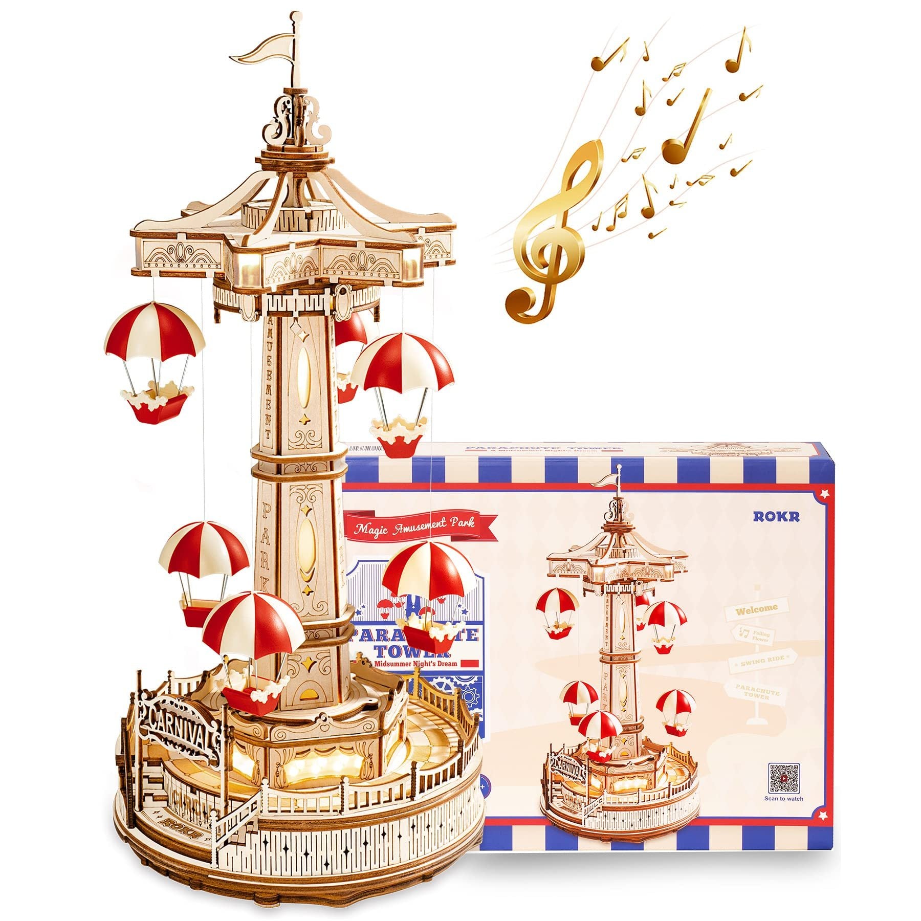 ROKR Parachute Tower 3D wooden puzzle with lit parachutes and music box
