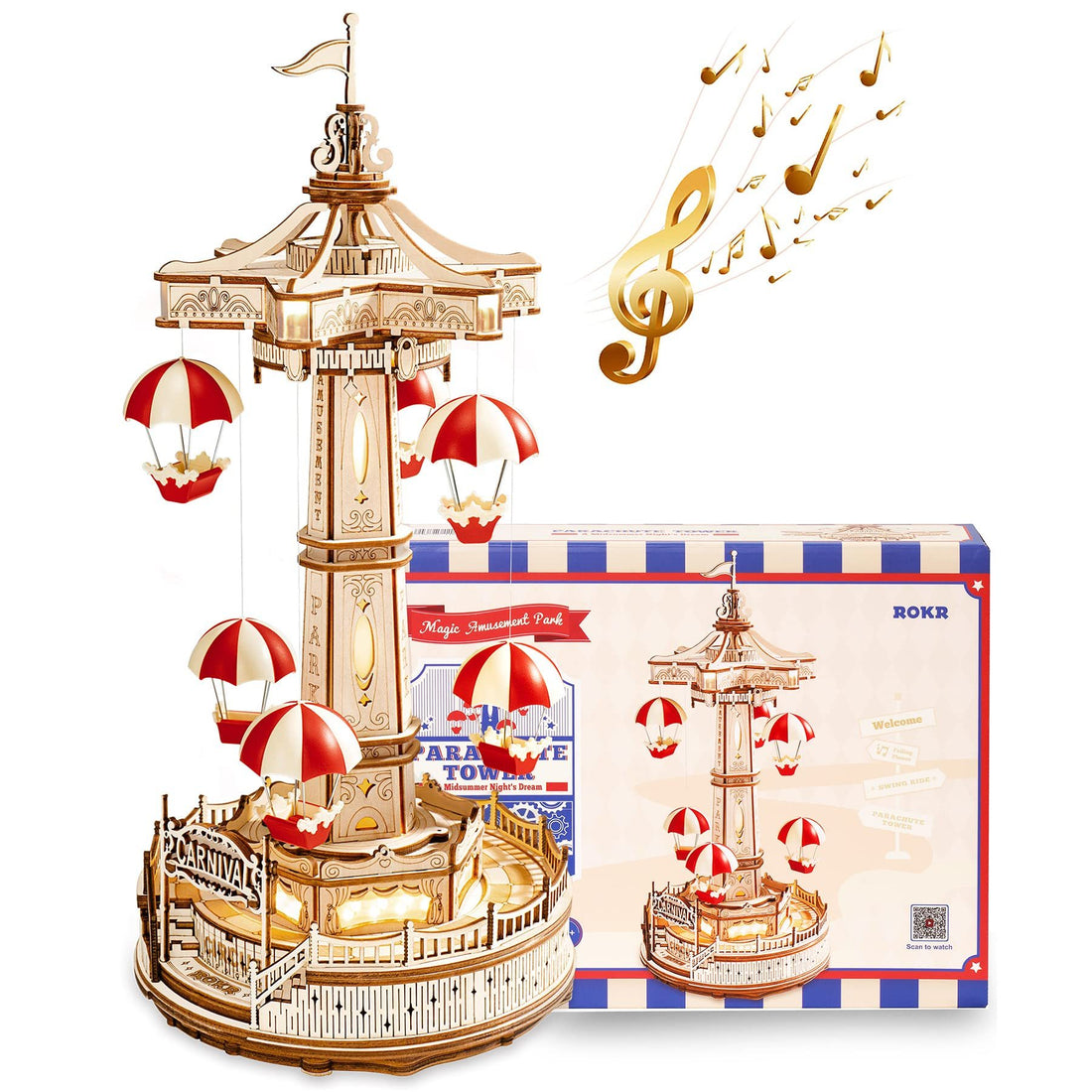 ROKR Parachute Tower 3D wooden puzzle with lit parachutes and music box