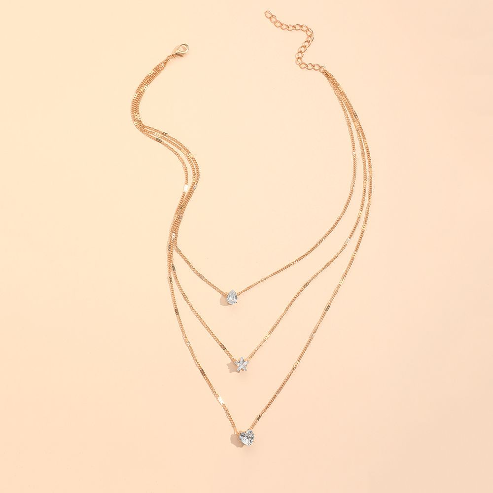 Zircon Star & Heart Multi-Layer Pendant Necklace – Water Drop Charm Jewelry for Women

