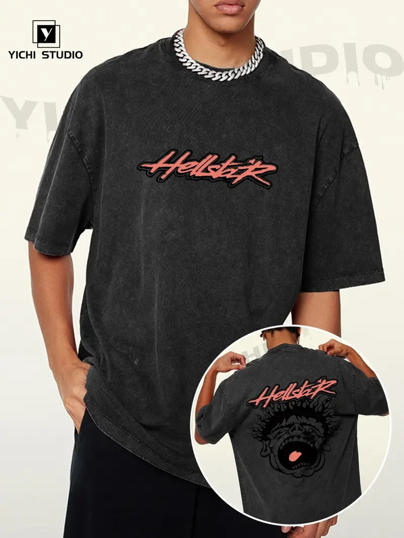 Men's printed short sleeved black shirt front view

