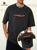 Men's printed short sleeved black shirt front view

