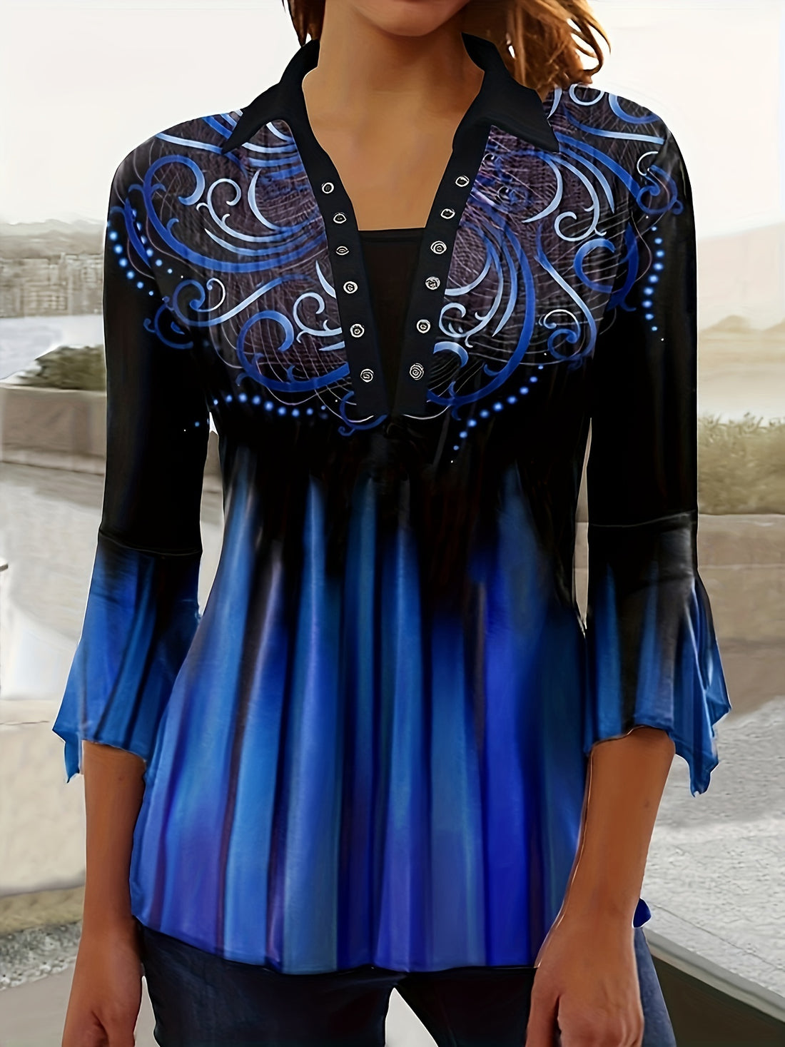 Spring autumn printed lapel blue three-quarter sleeve t-shirt front

