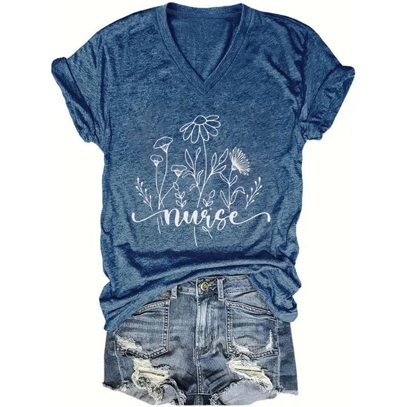 Women's V-Neck Floral Print Short Sleeve T-Shirt - Summer Casual Blouse