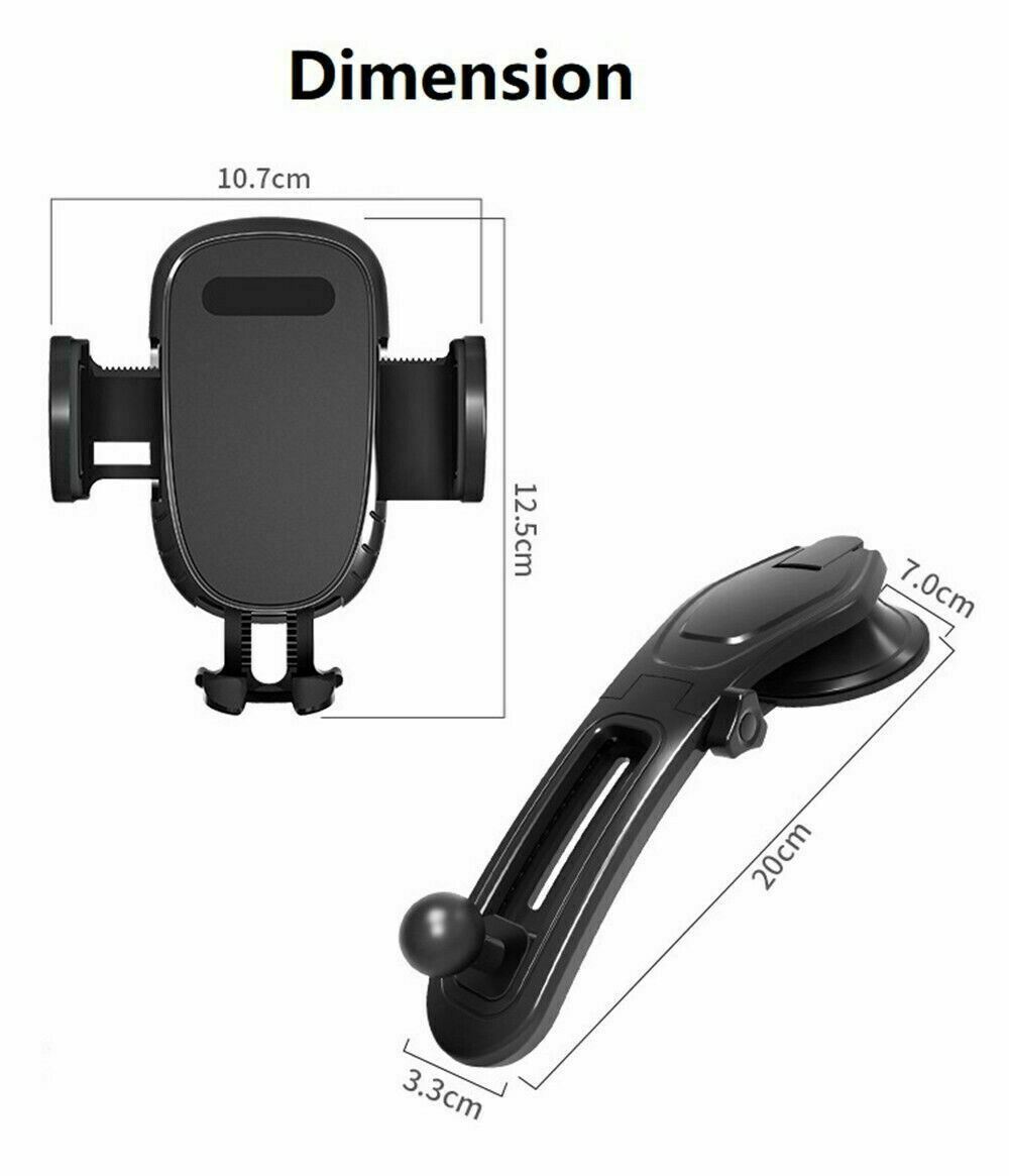 Dimensions of a black phone holder with suction cup and clip 