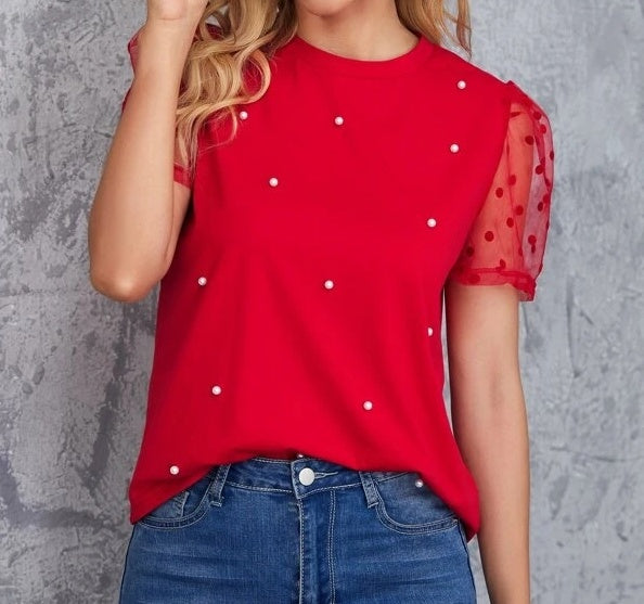 Close-up of stretch polyester fabric women’s top


