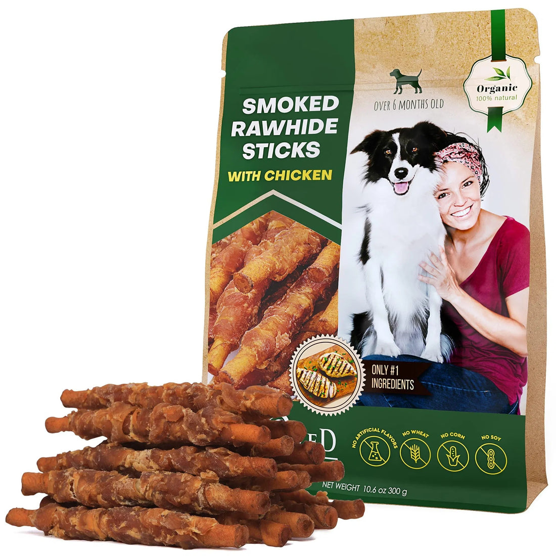 Bag of smoked rawhide sticks with chicken for dogs, featuring a dog and person on the packaging.