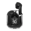 Black wireless earbuds with a digital display showing battery level