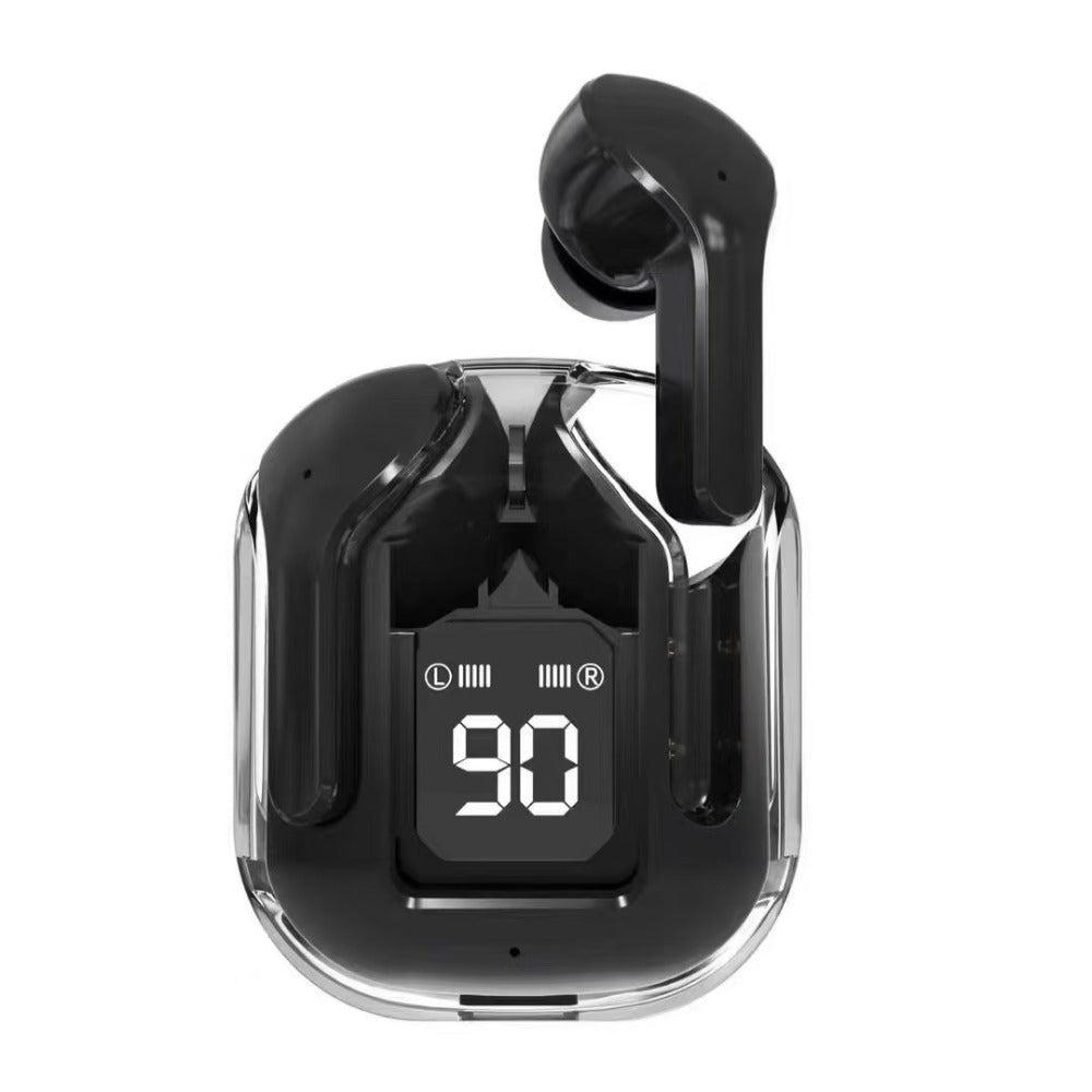 Black wireless earbuds with a digital display showing battery level