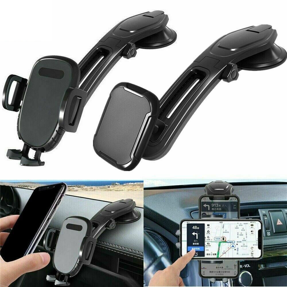 Car phone holder with suction cup and clip, used on car dashboard and windshield.