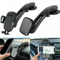 Car phone holder with suction cup and clip, used on car dashboard and windshield.