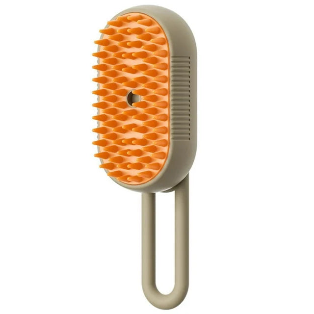 Pet grooming brush with orange bristles on a beige handle against 
