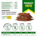 Product information for a dog treat with nutritional details, ingredients, and usage guidelines.
