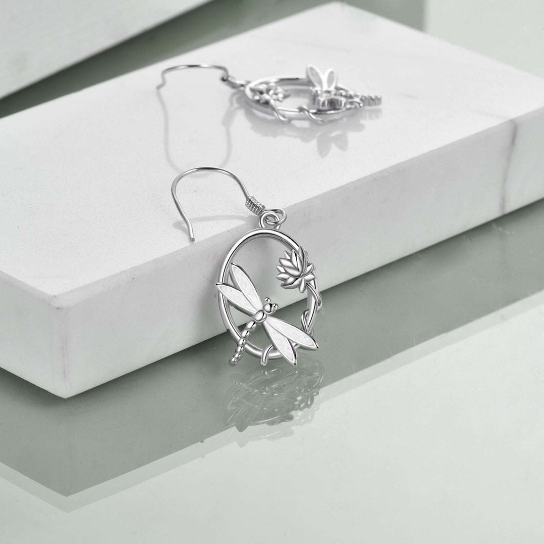Sterling Silver Dragonfly Opal Dangle Earrings – White Gold Plated, 9.9mm x 31.9mm