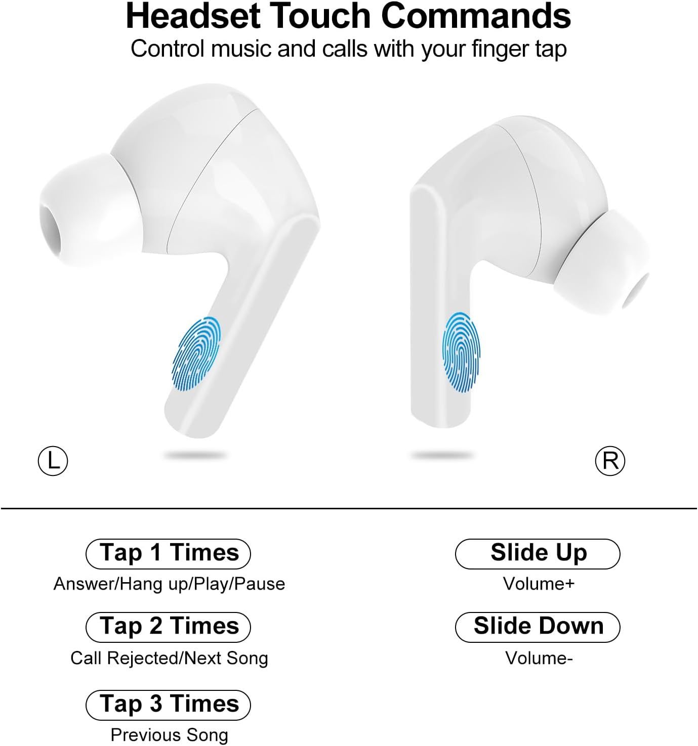 White wireless earbuds with touch commands