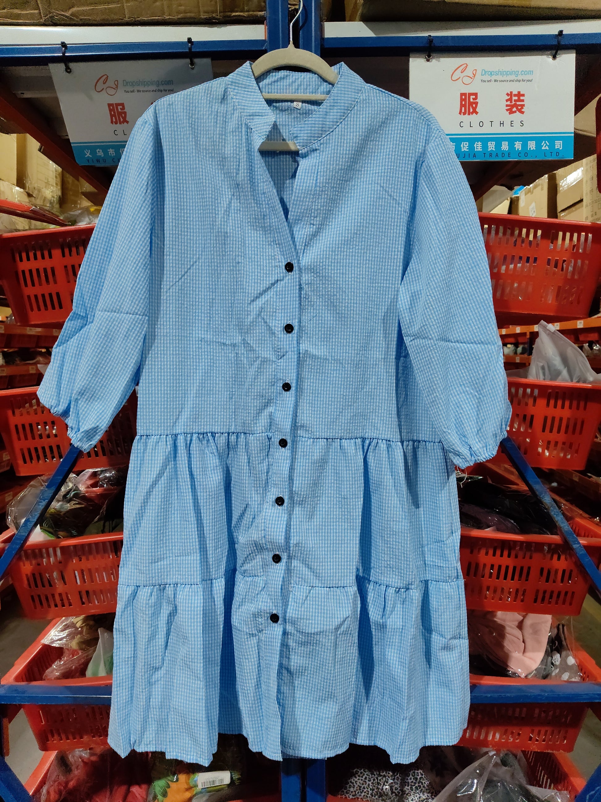 Plaid Ruffle V-Neck Dress for Women – Button Front, Three-Quarter Sleeves, Summer Midi Dress