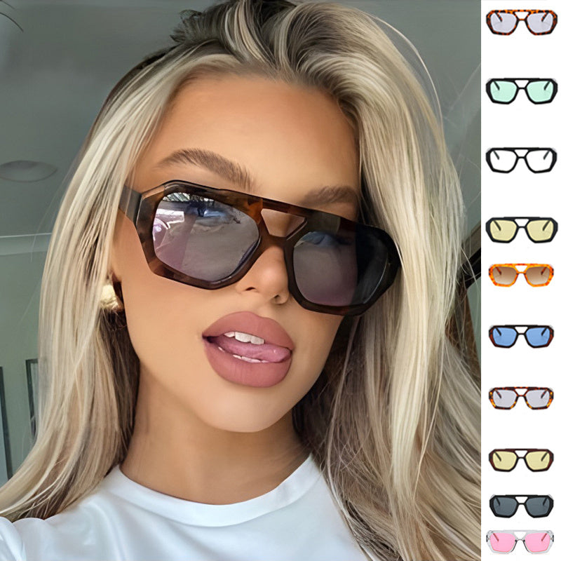 Woman wearing sunglasses with a side panel of various color options.