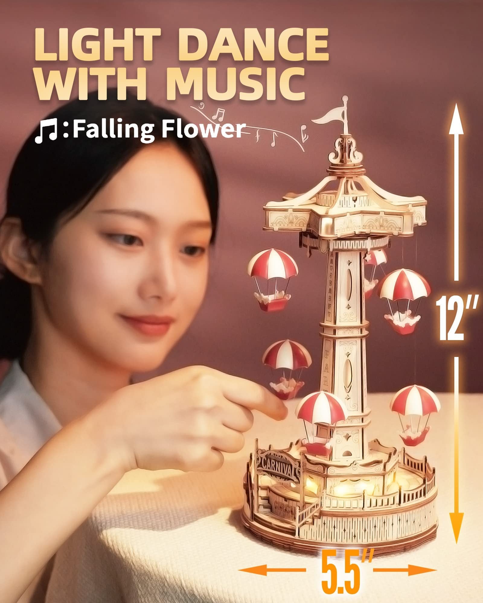 Retro amusement-park model puzzle with synchronized motion, lights, and music