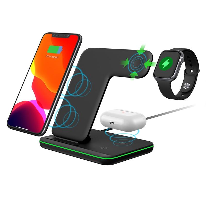 Multi-device wireless charging stand with smartphone, headphones, and smartwatch on a white background