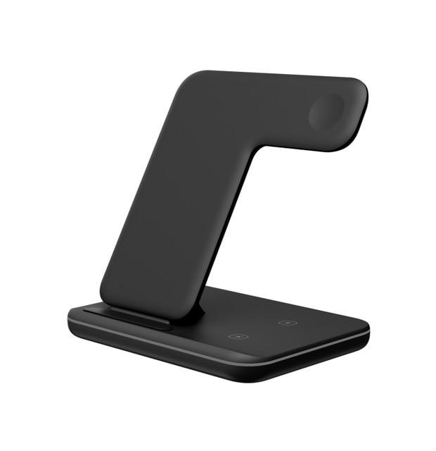 Black wireless charging stand on a white background